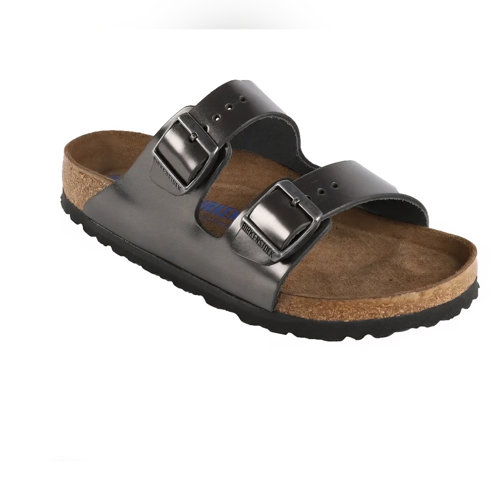 Birkenstock Arizona Soft Footbed Leather Metallic Anthracite Sandals
